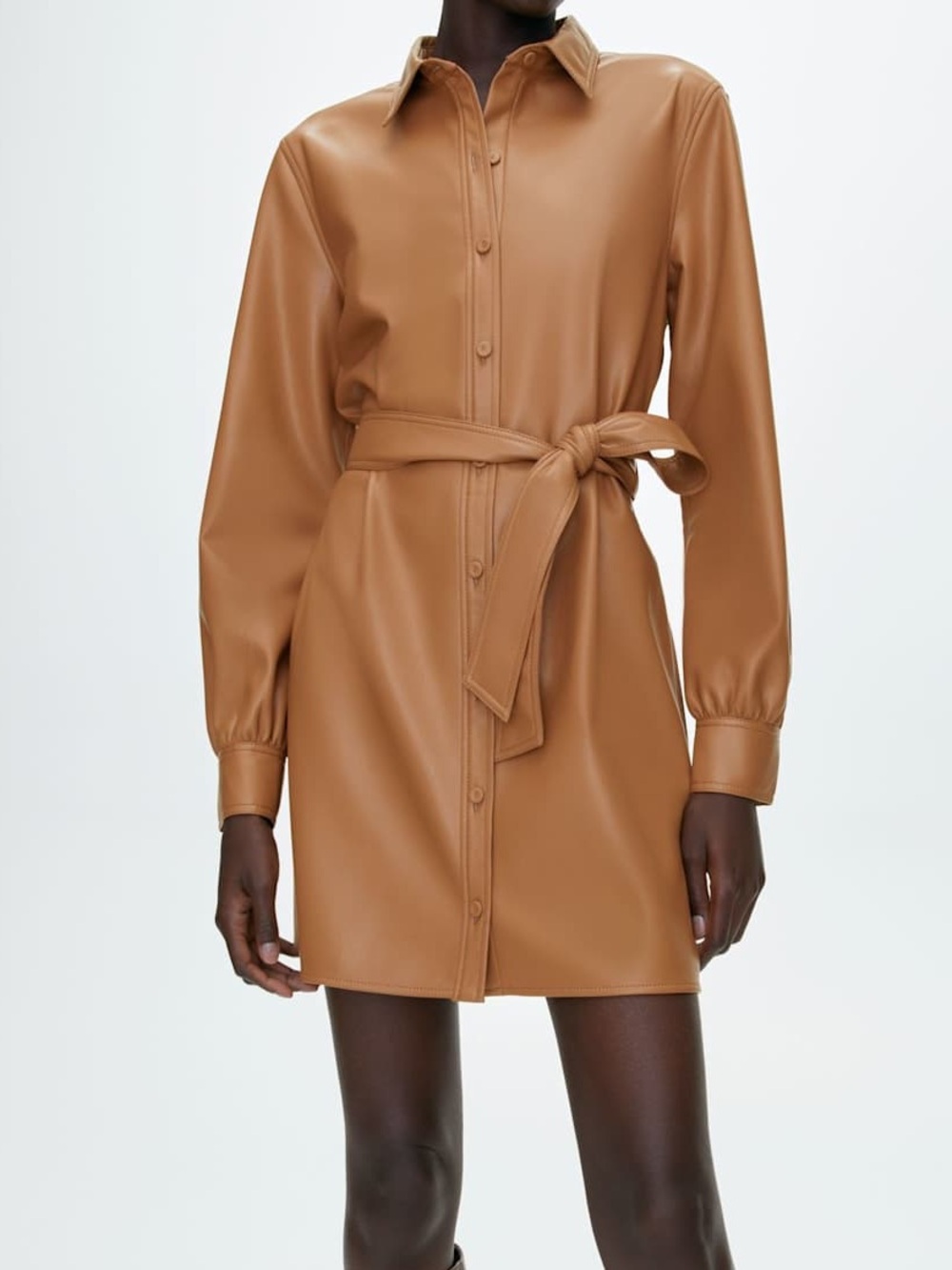 Tan Aritzia Wilfred Belted Vegan Leather Shirt Dress Size M